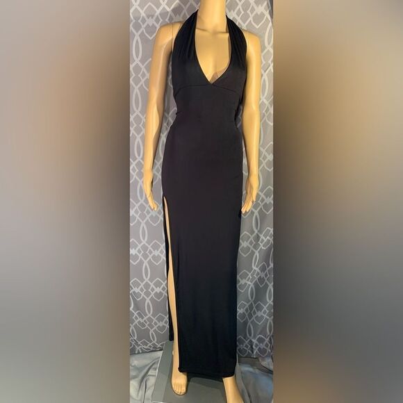 SHEIN S:XXL Black Long Halter Dress With Slit & Rhinestone Link adjustable Belt - Picture 3 of 9